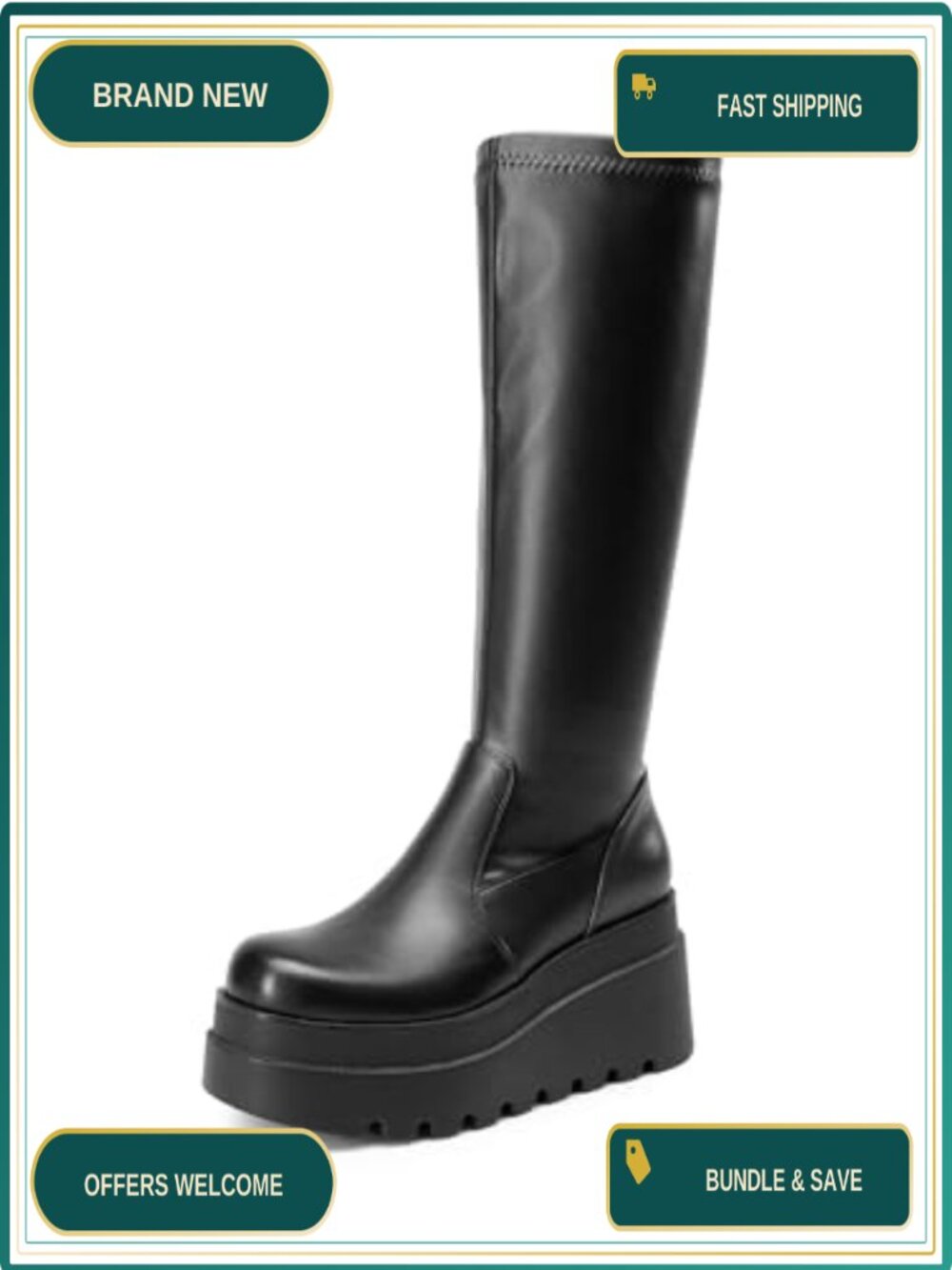 Platform Knee High Round Toe Boots Faux Leather Side Zip Chelsea Style
